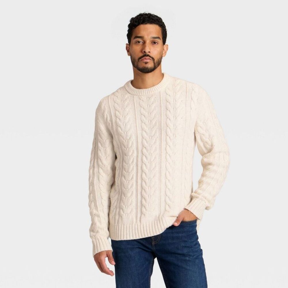 Men's Cable Crewneck Sweater - Goodfellow & Co Cream L